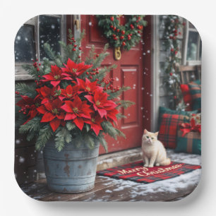 Christmas Poinsettias and White Cat On Doormat Paper Plate
