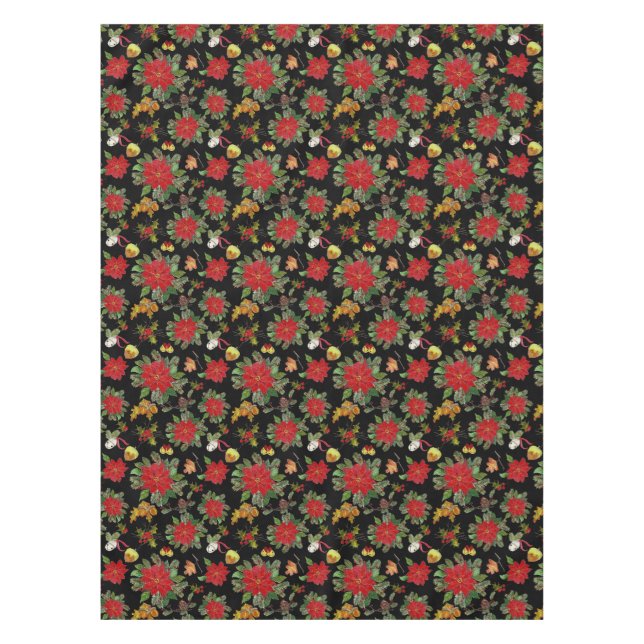 Christmas Poinsettias Bells Acorns Pine Cones  Tablecloth (Front)