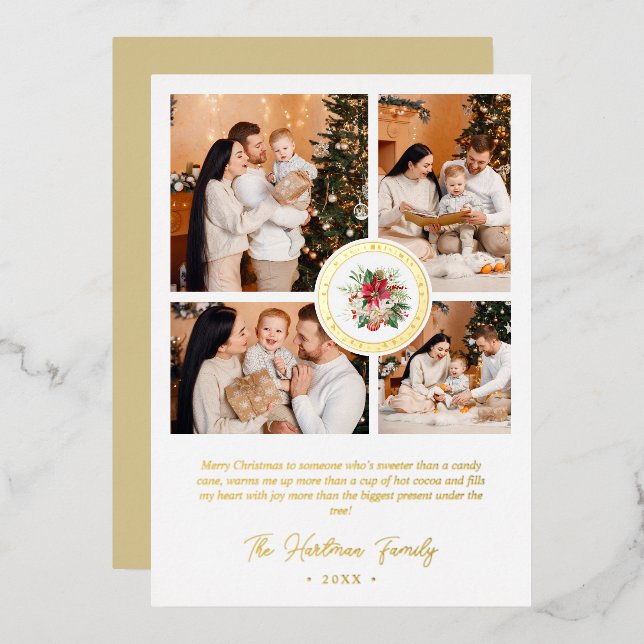 Christmas Poinsettias Bouquet Classic 4 Photos Foil Holiday Card (Front/Back)