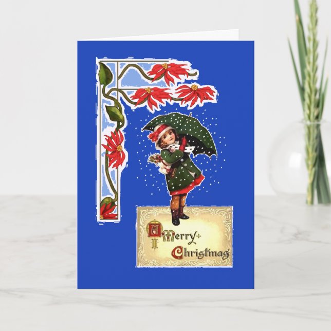Christmas, Poinsettias, Girl with umbrella, Snow Holiday Card (Front)