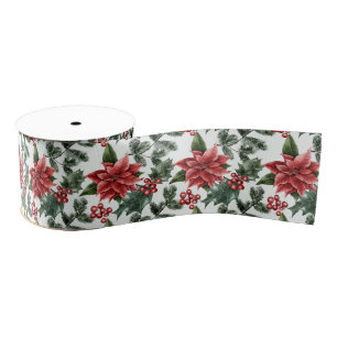 Christmas Poinsettias Holly Berries and Leaves Grosgrain Ribbon