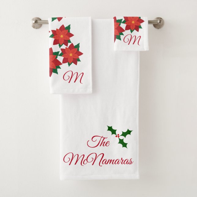 Christmas Poinsettias Monogram Bathroom Towel Set (Insitu)