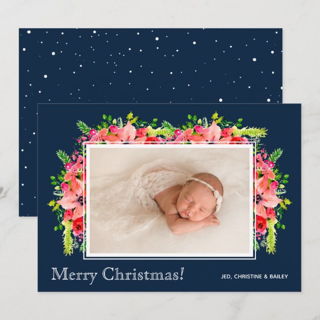 Christmas Poinsettias Photo Birth Announcements (Front/Back)