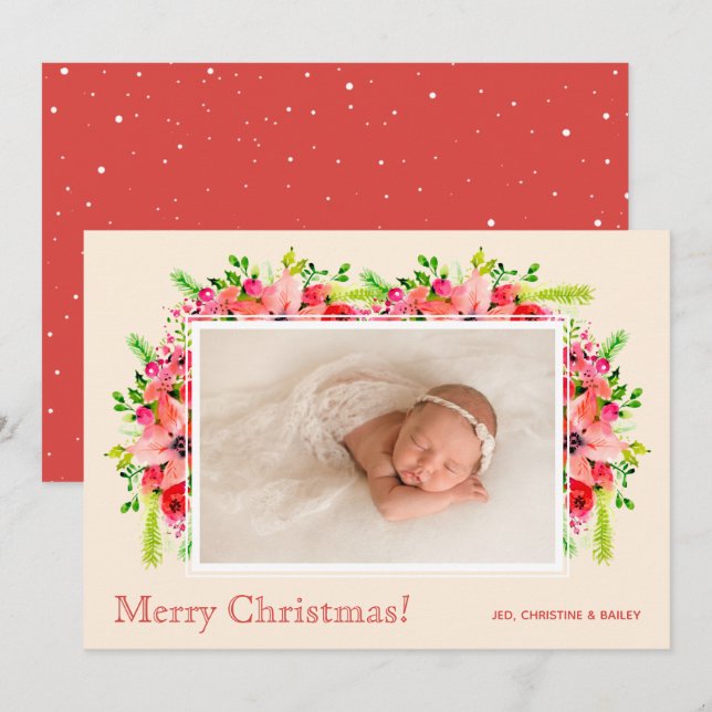 Christmas Poinsettias Photo Birth Announcements (Front/Back)