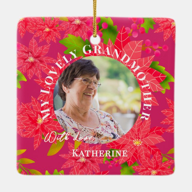 Christmas Poinsettias Red Photo Grandmother Red Ceramic Ornament (Back)