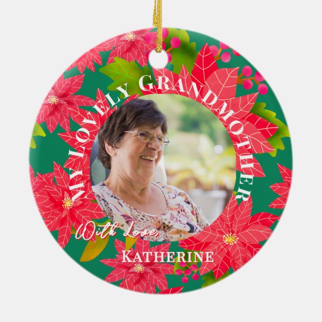 Christmas Poinsettias Red Photo Grandmother Teal Ceramic Tree Decoration (Back)