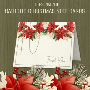 Christmas Poinsettias Rosary Virgin Mary Jesus Holiday Card