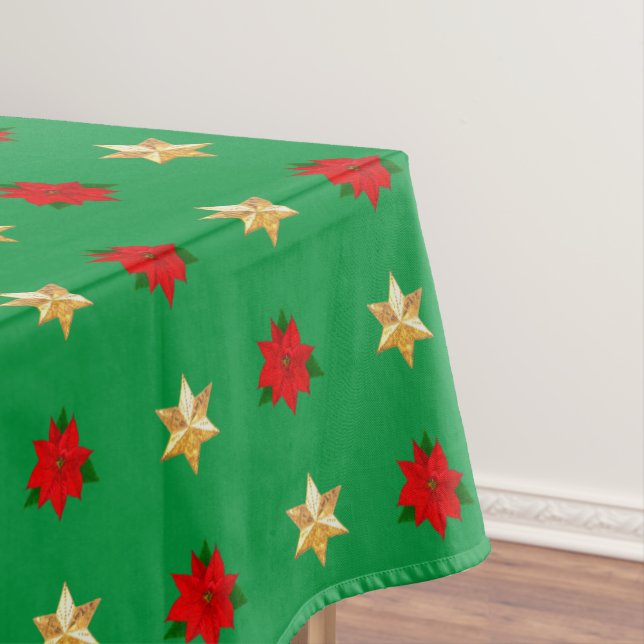 Christmas Poinsettias & Stars on Green Tablecloth (In Situ)