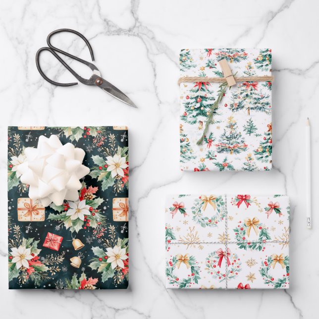 Christmas Poinsettias, Trees and Wreaths Wrapping Paper Sheet (Front)