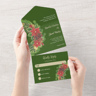 Christmas Poinsettias Wedding Green & Red All In One Invitation