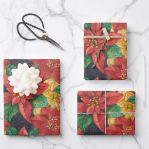 Christmas Poinsettias Wrapping Paper Sheet