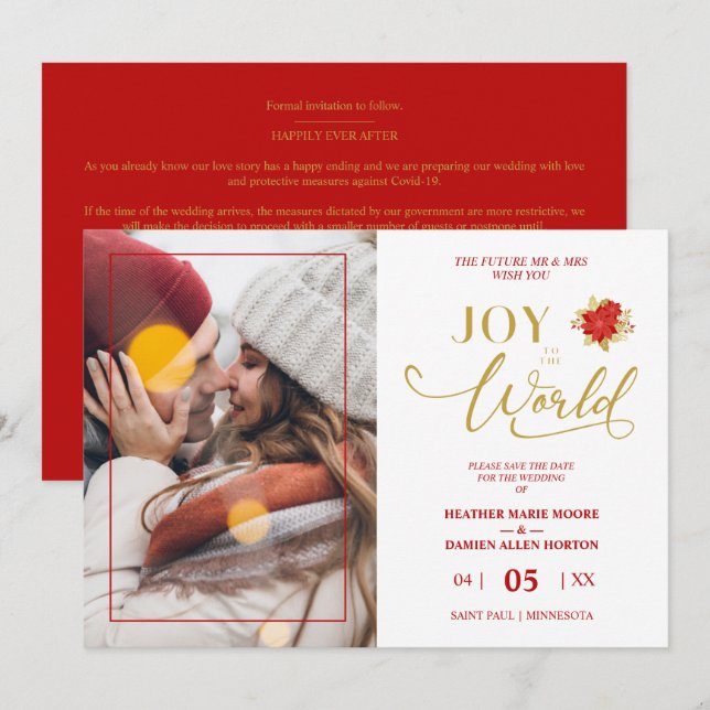Christmas Poinsettias Wreath Photo Wedding Couple Save The Date (Front/Back)