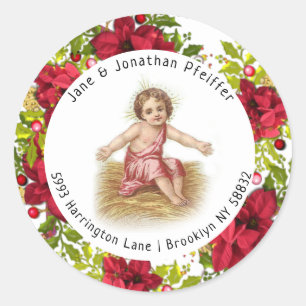 Christmas  Pointsettia Baby Jesus Address Classic Round Sticker