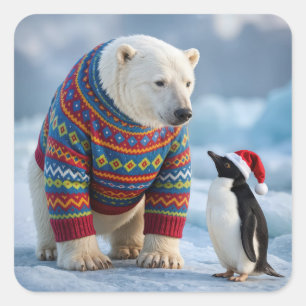 Christmas Polar Bear and Penguin Friends Square Sticker