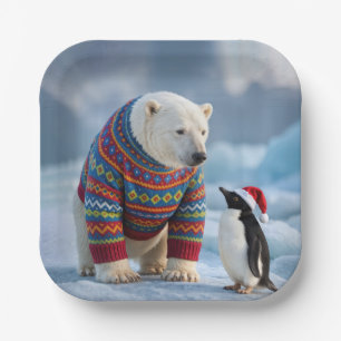 Christmas Polar Bear and Penguin On a Glacier Paper Plate
