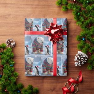 Christmas Polar Bear and Penguin On a Glacier Wrapping Paper