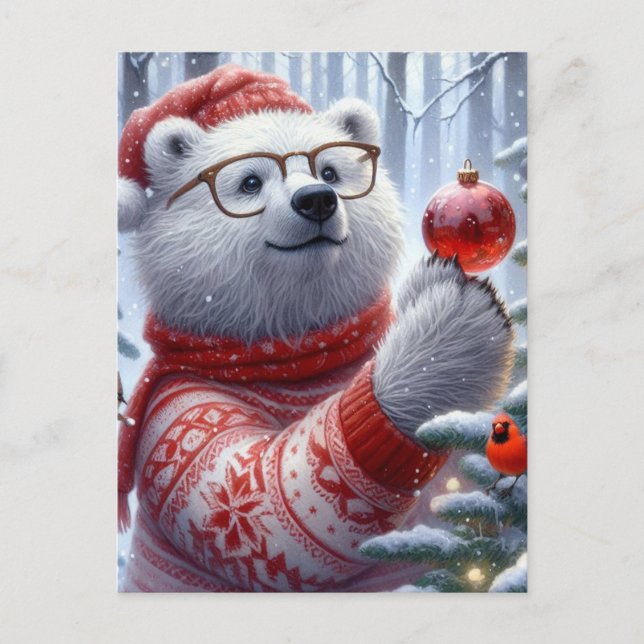 Christmas Polar Bear and the Cardinal Postcard (Front)