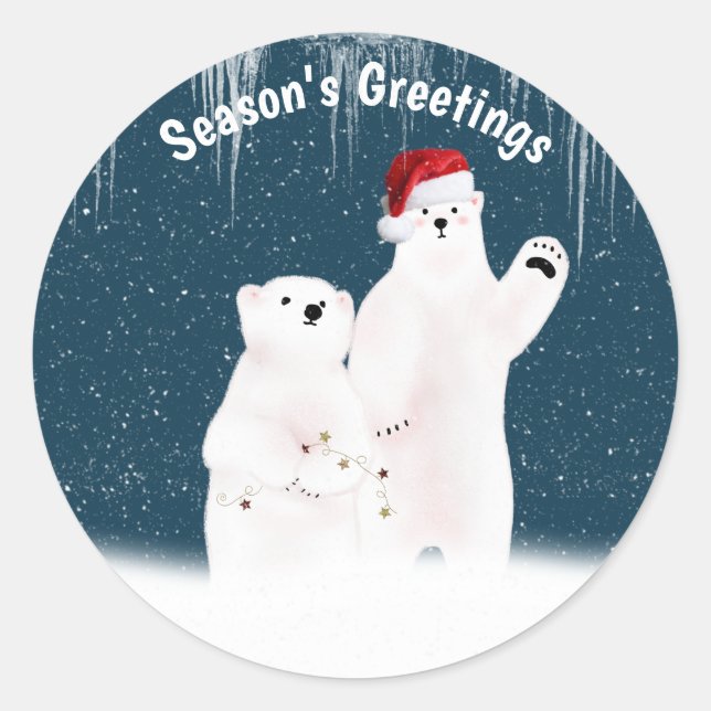 Christmas Polar Bear Couple in Snowflakes  Classic Round Sticker (Front)