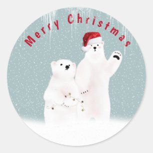 Christmas Polar Bear Couple with Snowflakes Classic Round Sticker