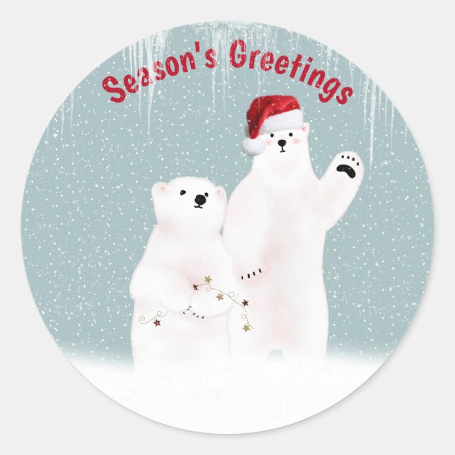 Christmas Polar Bear Couple with Snowflakes Classic Round Sticker (Front)