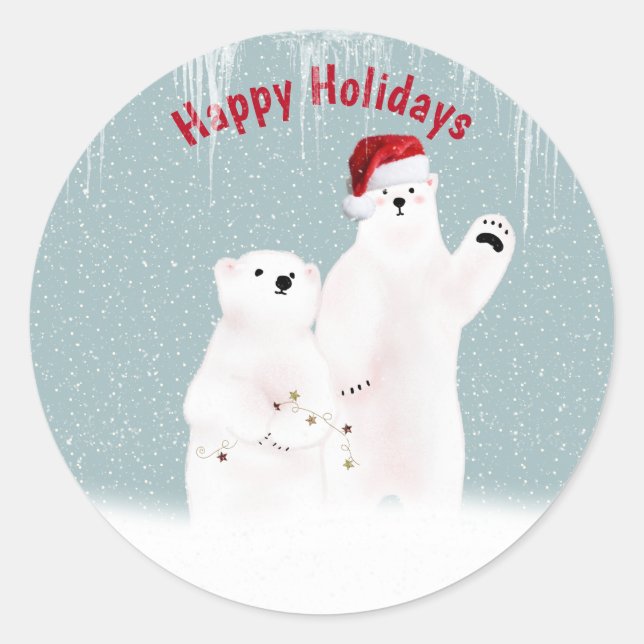Christmas Polar Bear Couple with Snowflakes Classic Round Sticker (Front)