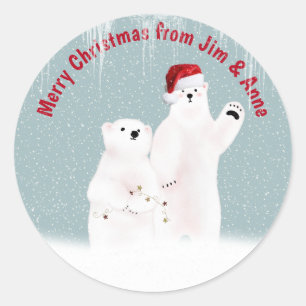 Christmas Polar Bear Couple with Snowflakes  Classic Round Sticker