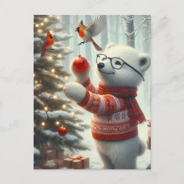 Christmas Polar Bear Cub and the Cardinal Postcard (Front)