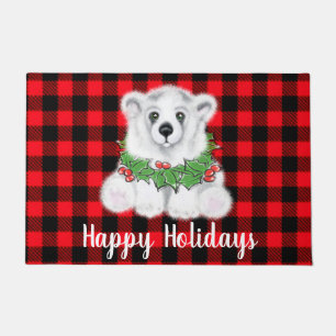 Christmas polar bear cub, Holly berries wreath   Doormat