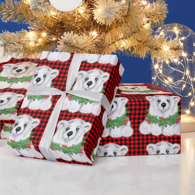 Christmas polar bear cub, Holly berries wreath   Wrapping Paper (Holidays)