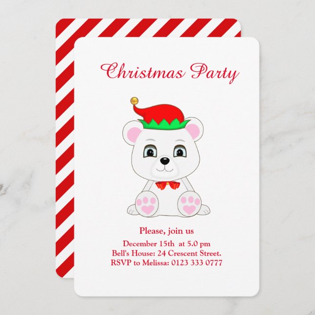 Christmas Polar Bear Elf on White Party Invitation (Front/Back)