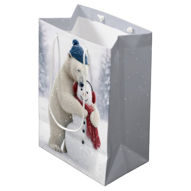 Christmas Polar Bear Hugging a Snowman Medium Gift Bag (Front Angled)