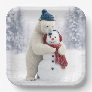 Christmas Polar Bear Hugging a Snowman Paper Plate