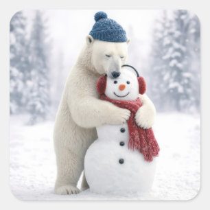 Christmas Polar Bear Hugging a Snowman Square Sticker