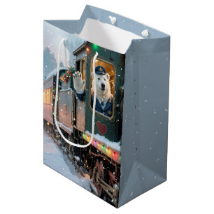 Christmas Polar Bear In a Vintage Steam Engine Medium Gift Bag