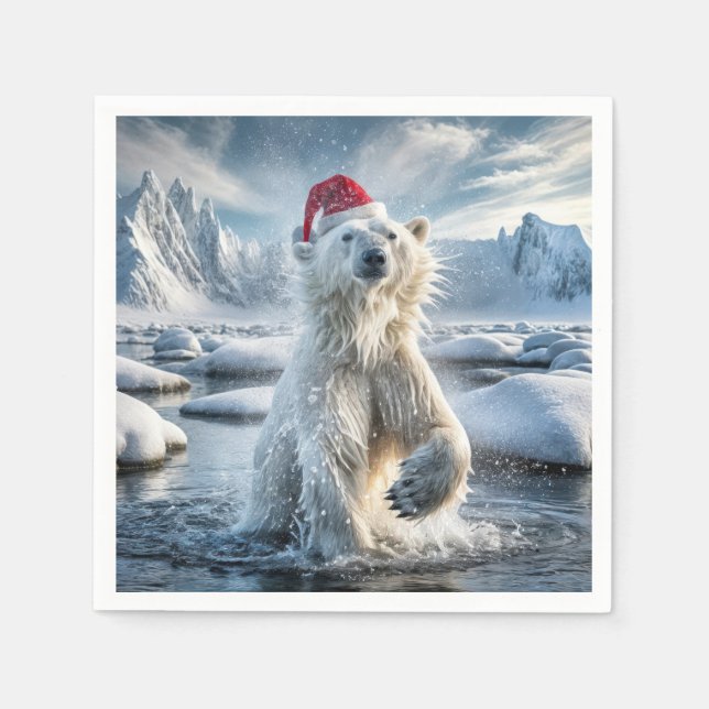 Christmas Polar Bear In Arctic Water Napkin (Front)