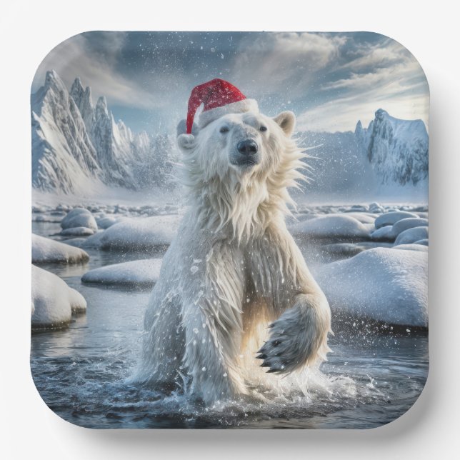 Christmas Polar Bear In Arctic Water Paper Plate (Front)