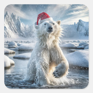 Christmas Polar Bear In Arctic Water Square Sticker
