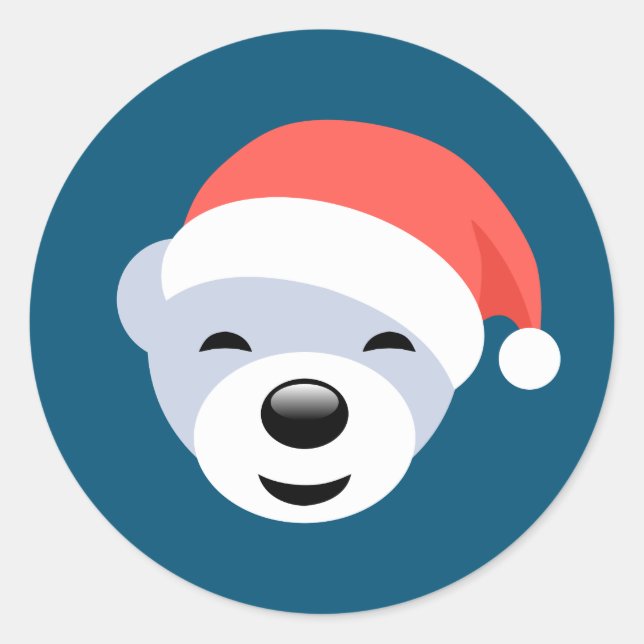 Christmas Polar Bear in Red Hat on Blue Classic Round Sticker (Front)