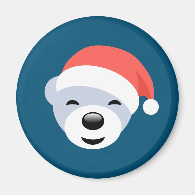Christmas Polar Bear in Red Hat on Blue Magnet (Front)