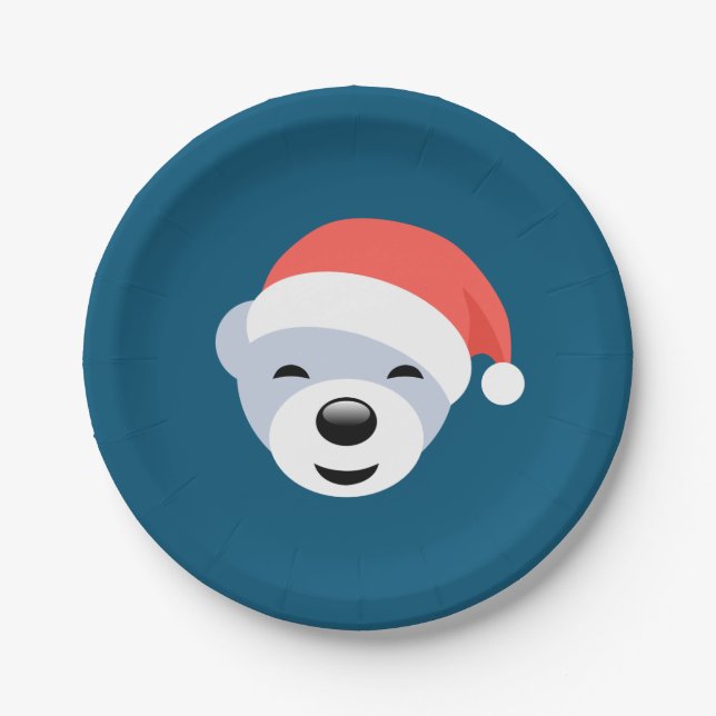 Christmas Polar Bear in Red Hat on Blue Paper Plate (Front)