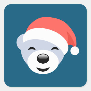 Christmas Polar Bear in Red Hat on Blue Square Sticker