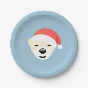 Christmas Polar Bear in Red Hat on Light Blue Paper Plate