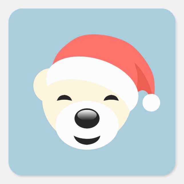 Christmas Polar Bear in Red Hat on Light Blue Square Sticker (Front)