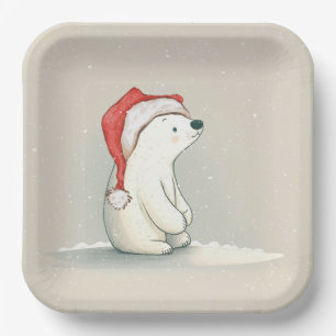 Christmas Polar Bear In Snowflakes Paper Plate