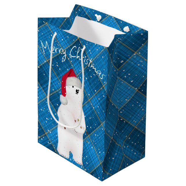 Christmas Polar Bear On Blue Plaid  Medium Gift Bag (Front Angled)
