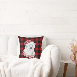 Christmas Polar Bear On Buffalo Plaid  Cushion