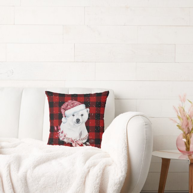 Christmas Polar Bear On Buffalo Plaid  Cushion (Couch)