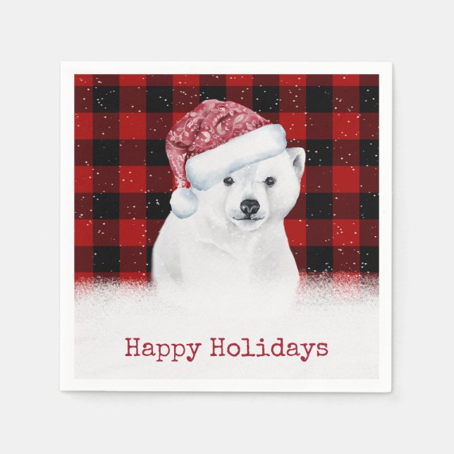 Christmas Polar Bear On Buffalo Plaid Napkin (Front)