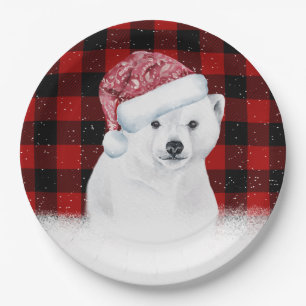 Christmas Polar Bear On Buffalo Plaid Paper Plate