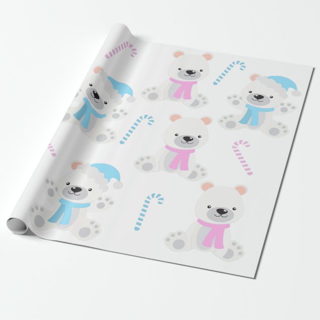 Christmas Polar Bear Pink Blue Gender Reveal Party Wrapping Paper (Unrolled)